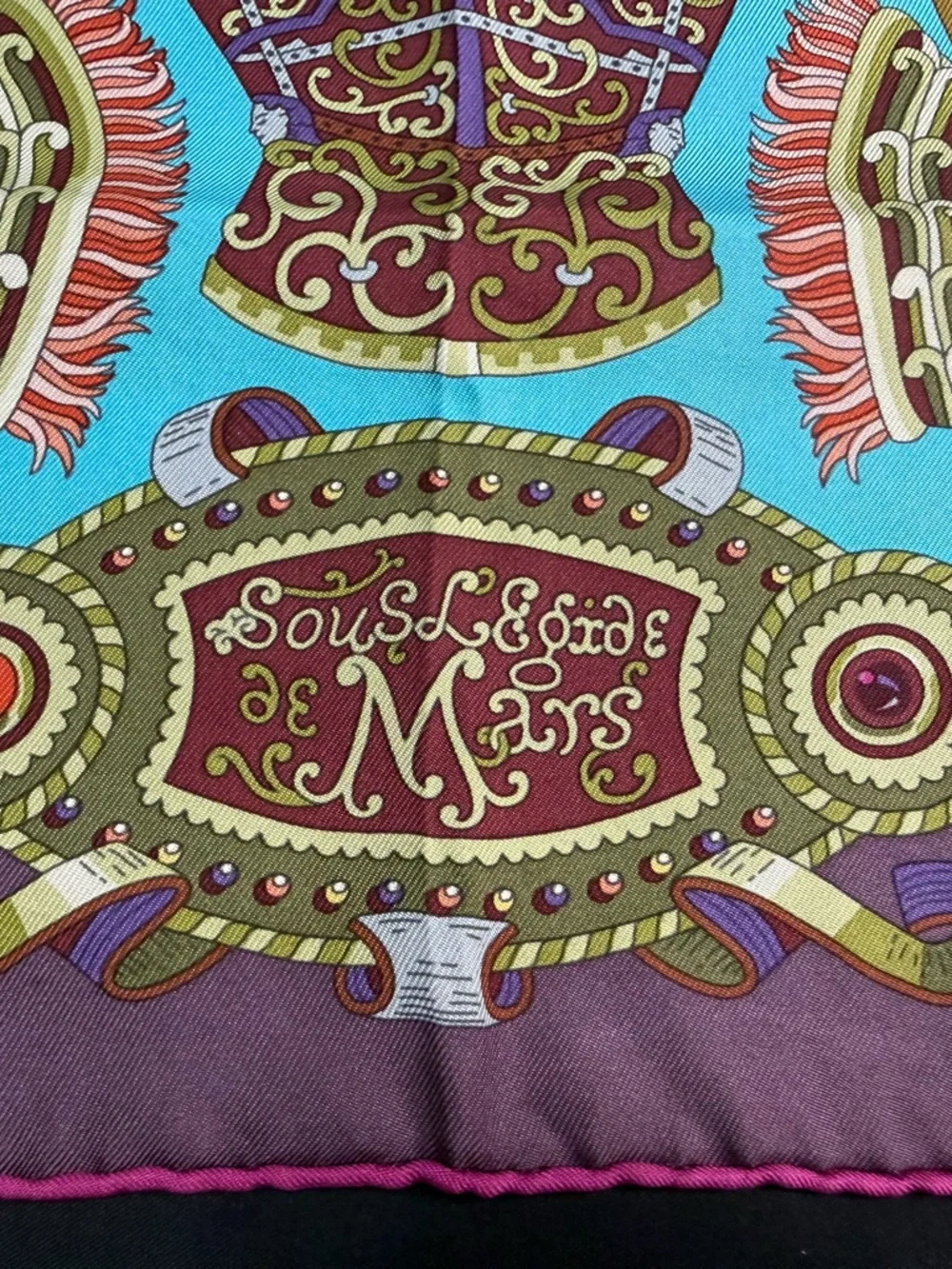 Hermes Silk Scarf Sous Le Gide De Mars Armor Purple Teal Gold Authentic - Picture 6 of 12